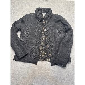Coldwater Creek Textured Button Jacket Black Crinkle Floral Lined Women’s M